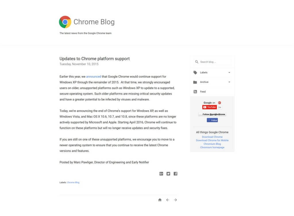 Chrome 浏览器停止支持 Windows XP / Vista 的公告