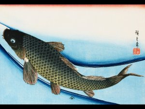 a woodblock print of a carp