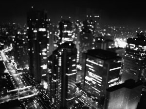 Japan,Tokyo,Shinjuku,city skyline, elevated view (defocussed,B&W)